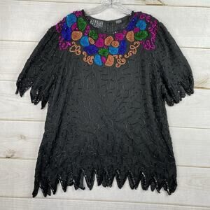 Jakelin Designs Top Womens 1X Black Sequins Beaded 100% Silk Party Vintage